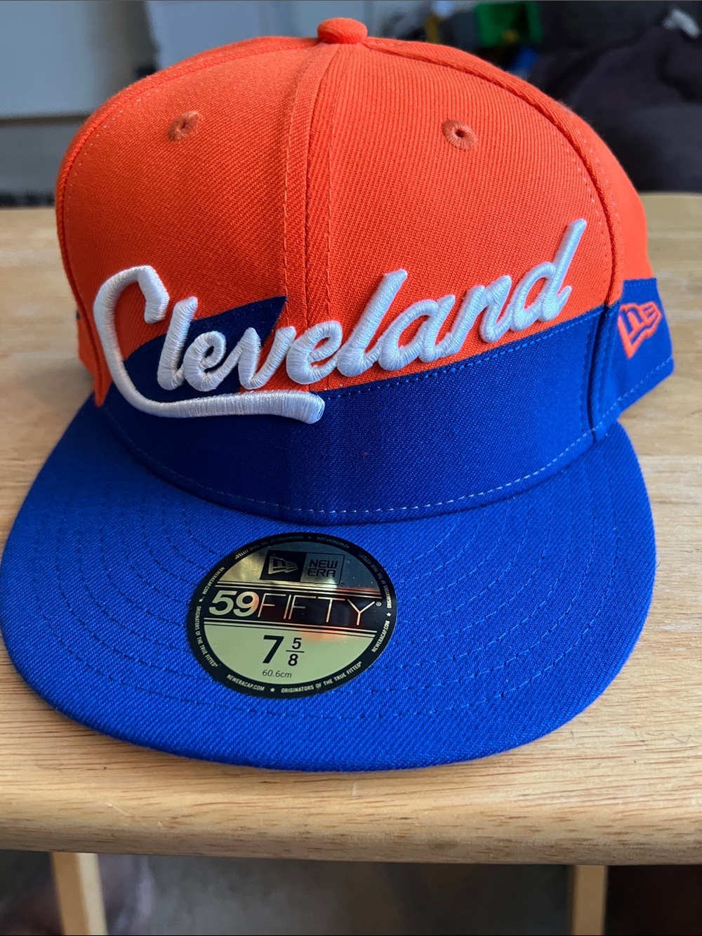 special New Era Cleveland Script Two-Tone Orange and Blue Fitted Hat Sz 7 5/8